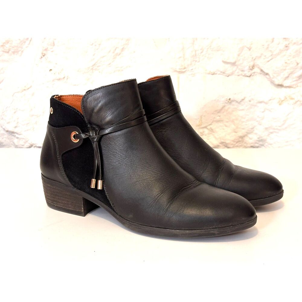 Pikolinos Daroca Black Leather Mixed Media Ankle Booties EU 38 Spain Minimalist